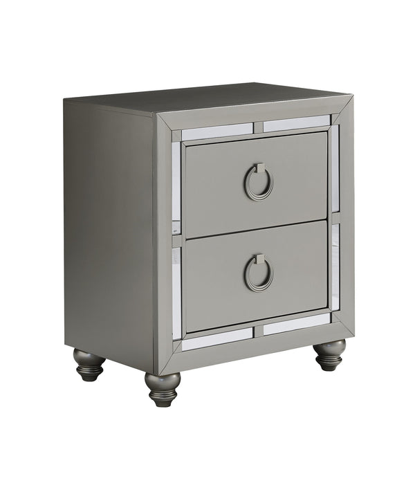 Silver Champagne Tone Nightstand with 2 Drawer  Mirror Trim Accent