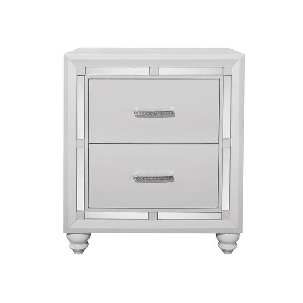 White Tone Nightstand with 2 Drawer  Mirror Trim Accent