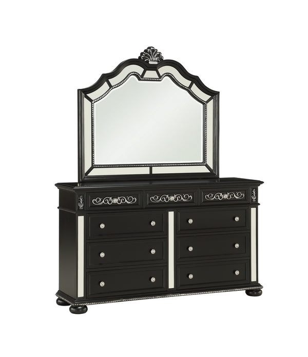 Black Jewel Heirloom Appearance Dresser with Intricate Carvings  Mirrored Accents  9 Drawer