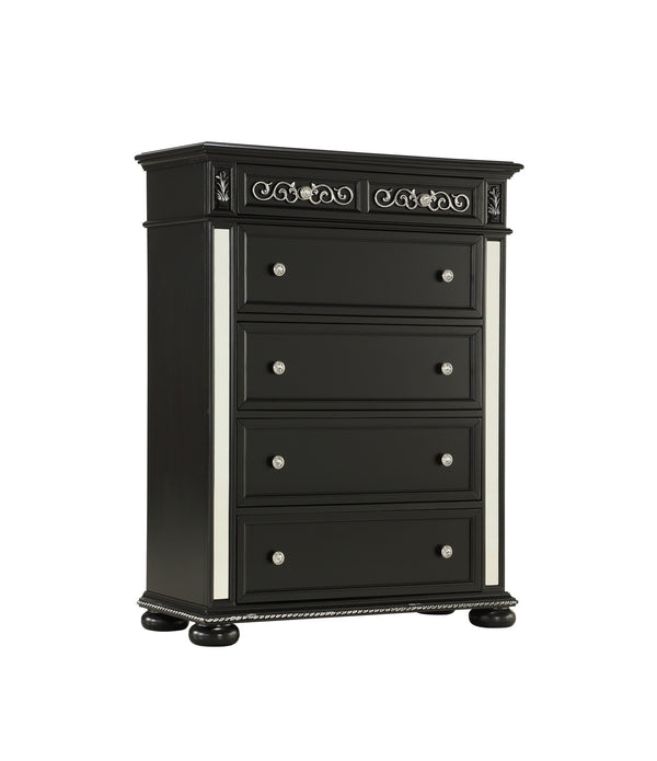 Black Jewel Heirloom Appearance Chest with Intricate Carvings  Mirrored Accents  9 Drawer