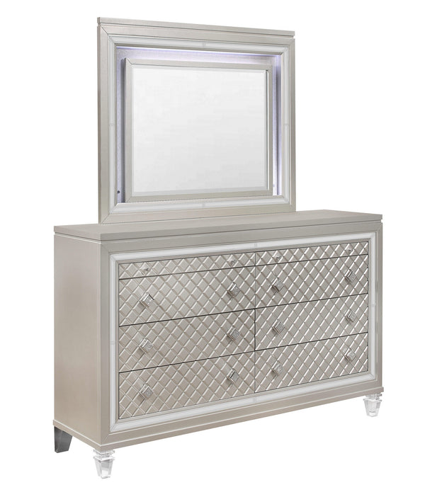 Champagne Toned Dresser with Tapered Acrylic Legs and 2 Jewelry Drawers