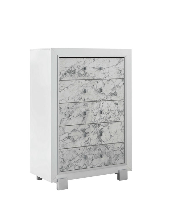 Modern White Chest with 5 Faux Marble Detailed Front Drawer.