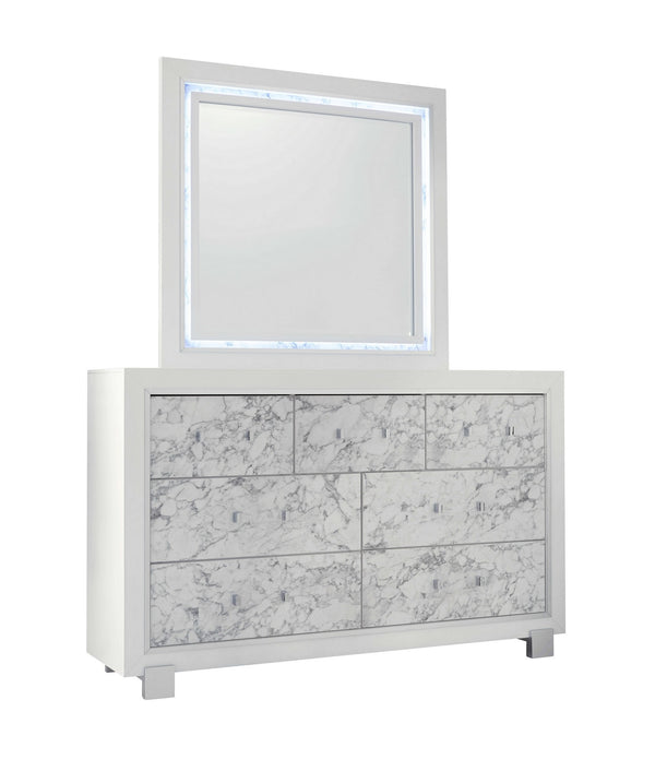 Modern White Dresser with 7 Faux Marble Detailed Front Drawer.