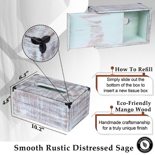 Rustic Green Washed Mango Wood Rectangular Tissue Holder