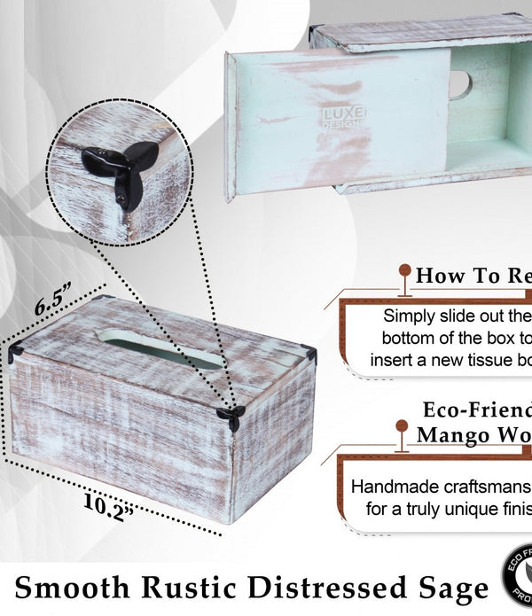 Rustic Green Washed Mango Wood Rectangular Tissue Holder