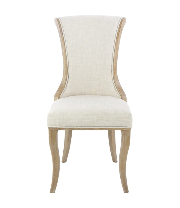 Set of 2 Updated Rustic White Linen Wood Frame Dining Chairs