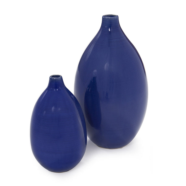 Set of 2 Deep Indigo Blue Ceramic Bulb Vases