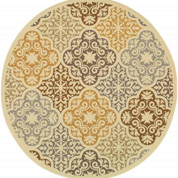 7' Round Ivory Grey Floral Medallion Indoor Outdoor Area Rug