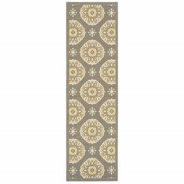 8' Grey Gold Floral Medallion Discs Indoor Outdoor Area Rug Runner Rug