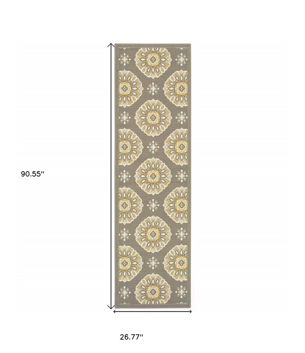 8' Grey Gold Floral Medallion Discs Indoor Outdoor Area Rug Runner Rug