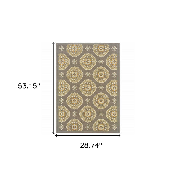 2' x 8' Grey Gold Floral Medallion Discs Indoor Outdoor Area Rug