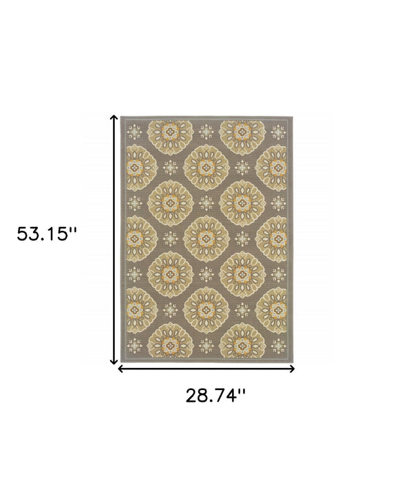 2' x 8' Grey Gold Floral Medallion Discs Indoor Outdoor Area Rug