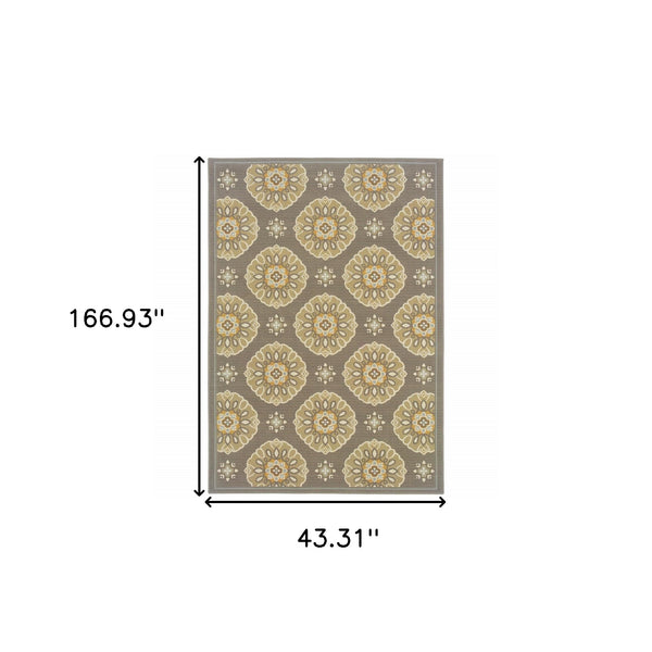 3' x 5' Grey Gold Floral Medallion Discs Indoor Outdoor Area Rug