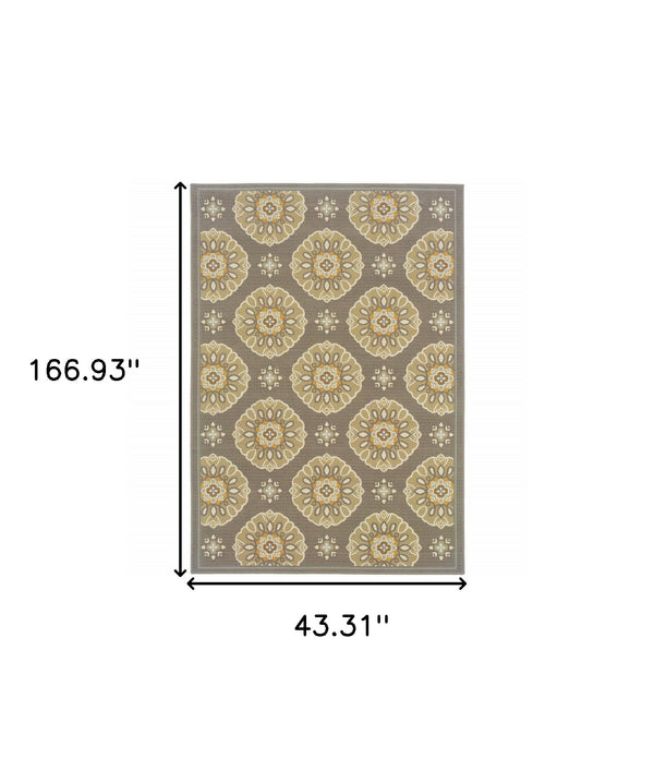 3' x 5' Grey Gold Floral Medallion Discs Indoor Outdoor Area Rug