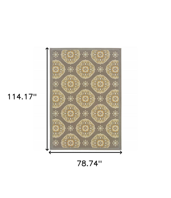 6' x 9' Grey Gold Floral Medallion Discs Indoor Outdoor Area Rug