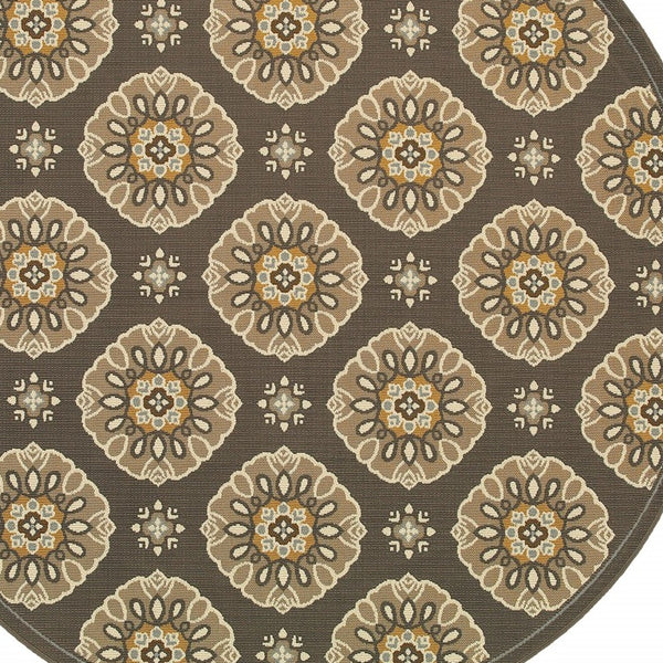 7' Grey Gold Floral Medallion Discs Indoor Outdoor Area Rug