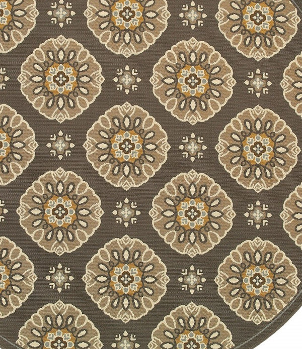 7' Grey Gold Floral Medallion Discs Indoor Outdoor Area Rug