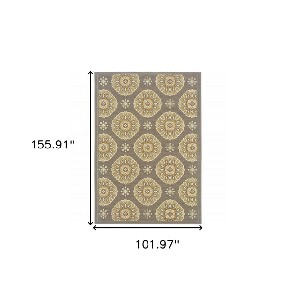 9' x 13' Grey Gold Floral Medallion Discs Indoor Outdoor Area Rug