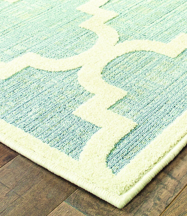 8' Tropical Light Blue and Ivory Quatrafoil Indoor Outdoor Runner Rug