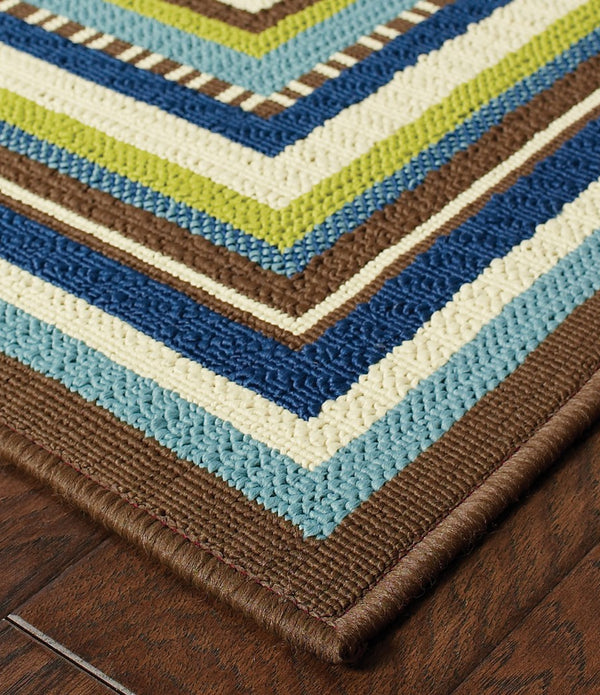 8' Ivory Mediterranean Blue and Lime Border Indoor Outdoor Runner Rug