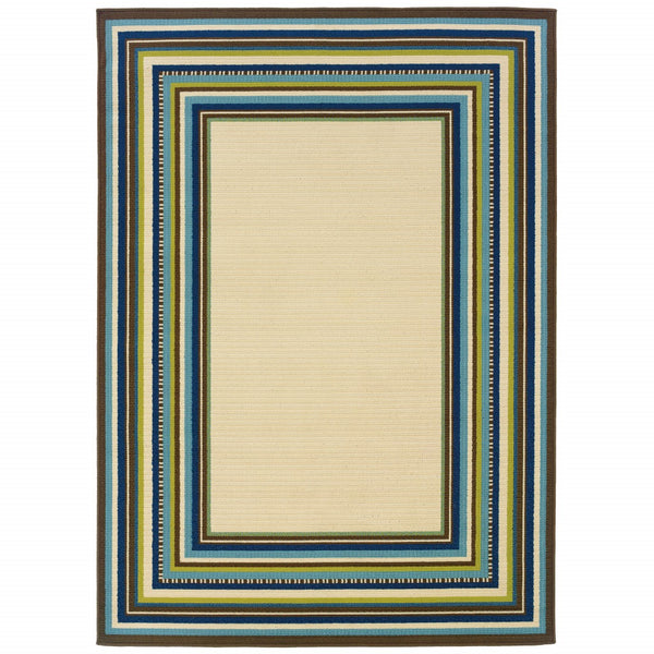 5' x 8' Ivory Mediterranean Blue and Lime Border Indoor Outdoor Area Rug