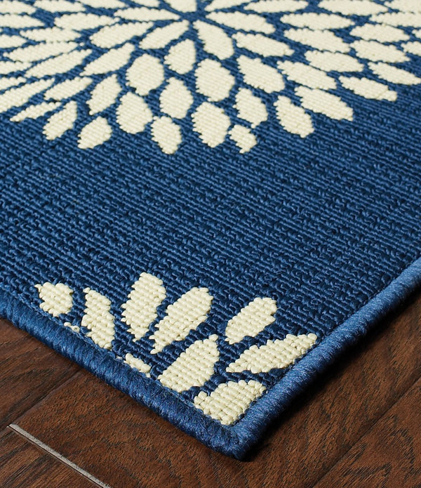 8' Indigo and Lime Green Floral Indoor or Outdoor Runner Rug