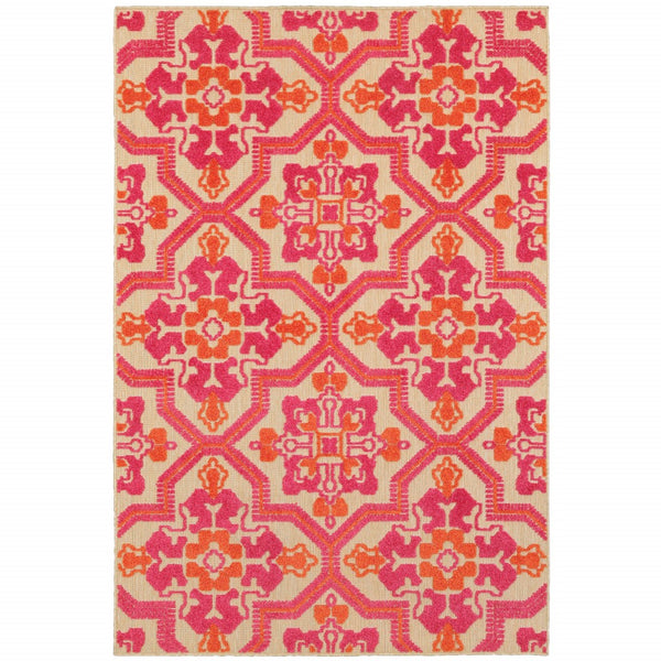 6' x 9' Pink and Orange Medallion Indoor Outdoor Area Rug