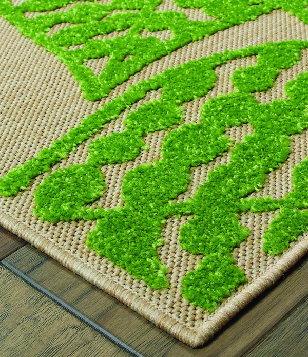 8' Sand and Lime Green Leaves Indoor Outdoor Runner Rug