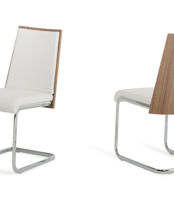 Set of 2 Modern White Faux Leather and Walnut Finish Dining Chairs