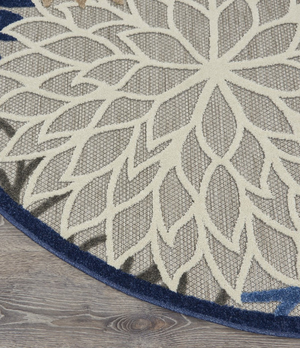 4’ Round Blue Large Floral Indoor Outdoor Area Rug