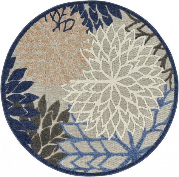 5’ Round Blue Large Floral Indoor Outdoor Area Rug