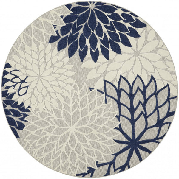 8’ Round Ivory and Navy Indoor Outdoor Area Rug