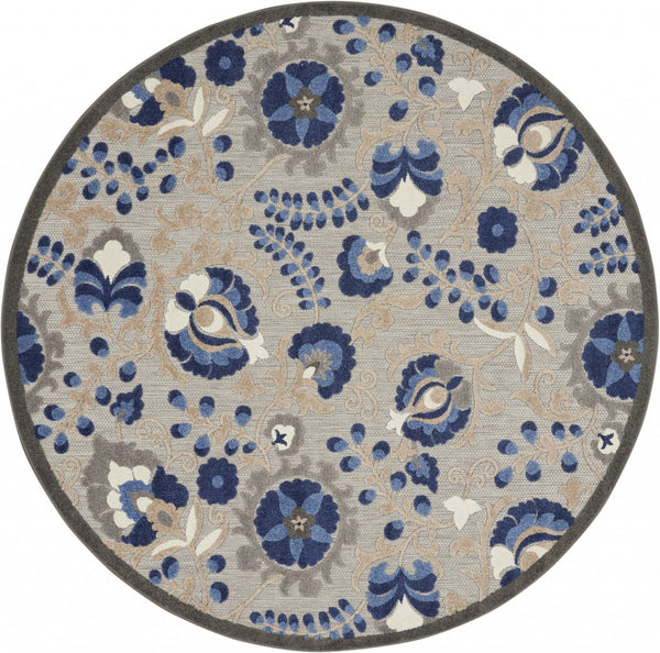 8’ Round Natural and Blue Indoor Outdoor Area Rug