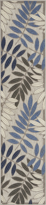 2’ x 6’ Gray and Blue Leaves Indoor Outdoor Runner Rug