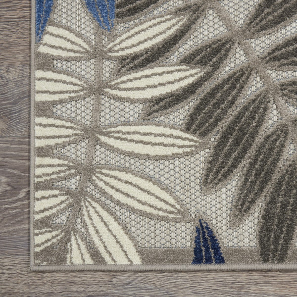 2’ x 8’ Gray and Blue Leaves Indoor Outdoor Runner Rug