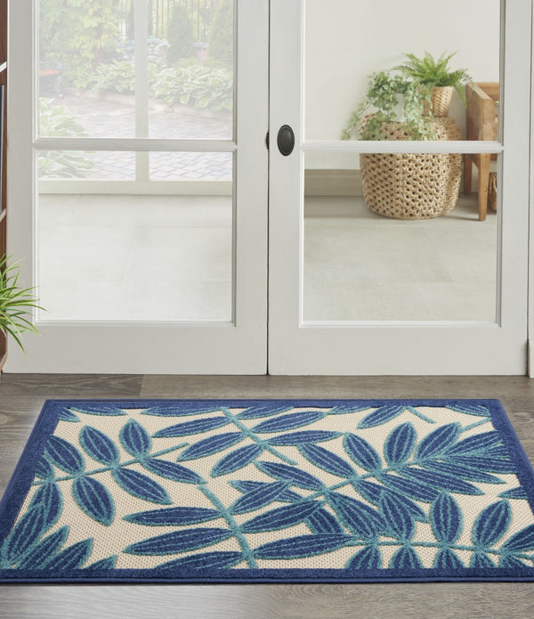 3’ x 4’ Navy and Beige Leaves Indoor Outdoor Area Rug