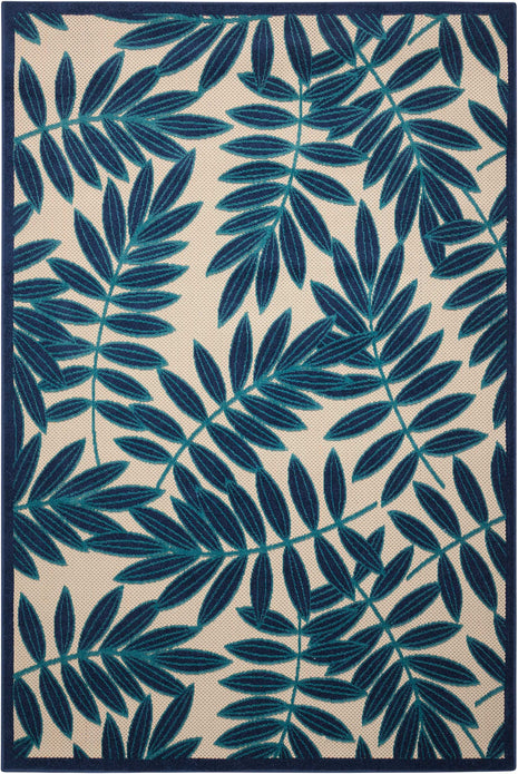 8’ x 11’ Navy and Beige Leaves Indoor Outdoor Area Rug