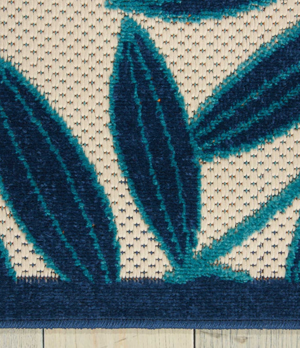 8’ x 11’ Navy and Beige Leaves Indoor Outdoor Area Rug