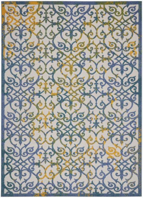 7’ x 10’ Ivory and Blue Indoor Outdoor Area Rug