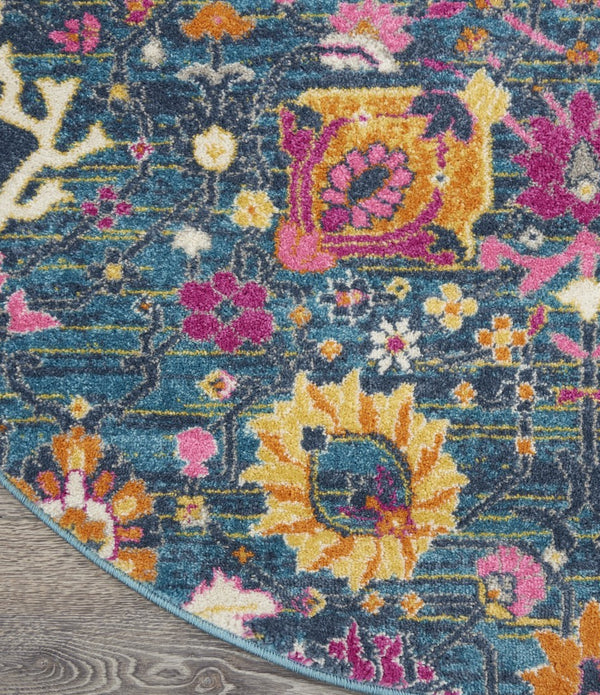 5’ Round Denim Blue Florals Distressed Area Rug