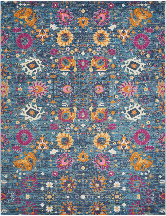 8’ x 10’ Denim Blue Florals Distressed Area Rug