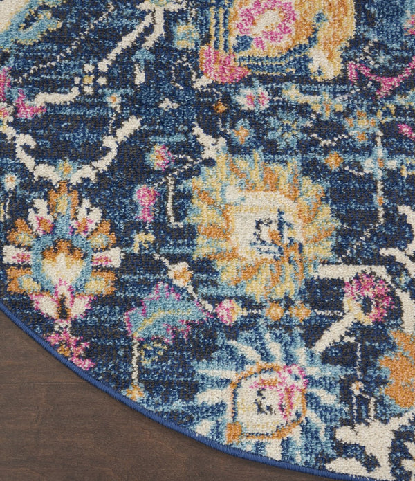 4’ Round Navy Blue Floral Buds Area Rug