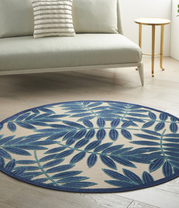 4’ Round Navy and Beige Leaves Indoor Outdoor Area Rug