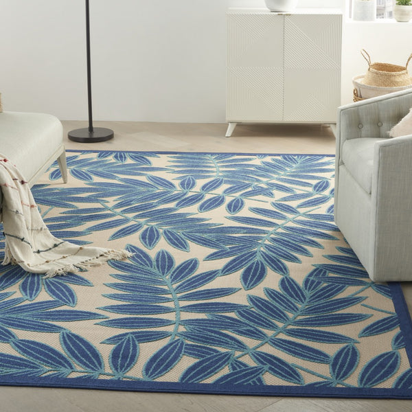 6’ x 9’ Navy and Beige Leaves Indoor Outdoor Area Rug