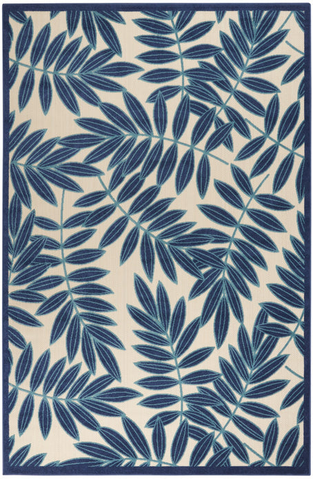 7’ x 10’ Navy and Beige Leaves Indoor Outdoor Area Rug