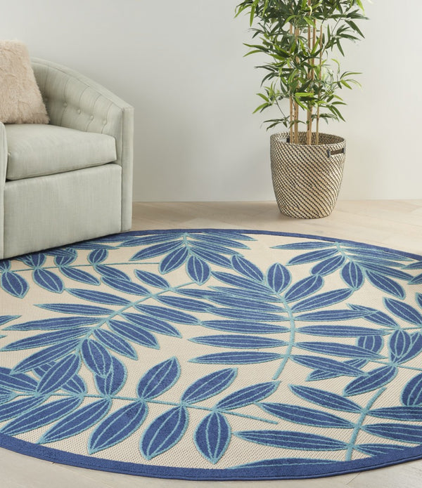 8’ Round Navy and Beige Leaves Indoor Outdoor Area Rug