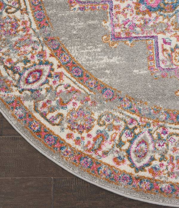 4’ Round Gray and Gold Medallion Area Rug