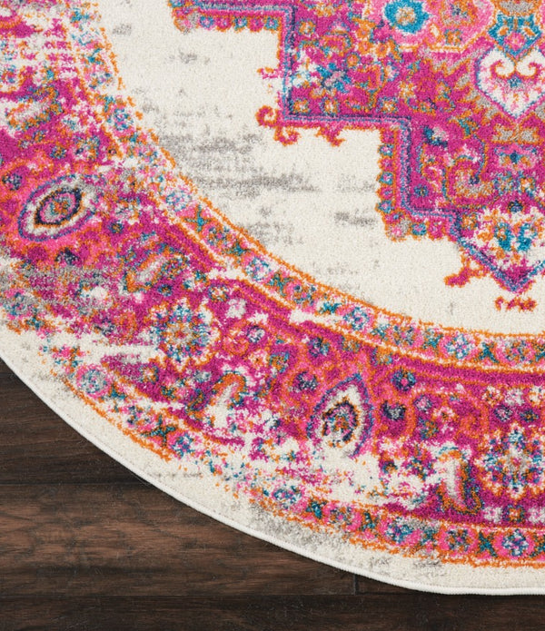 4’ Round Ivory and Fuchsia Distressed Area Rug