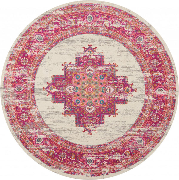 8’ Round Ivory and Fuchsia Distressed Area Rug