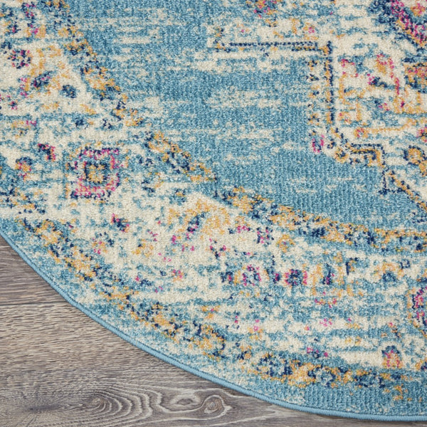 4’ Round Light Blue Distressed Medallion Area Rug